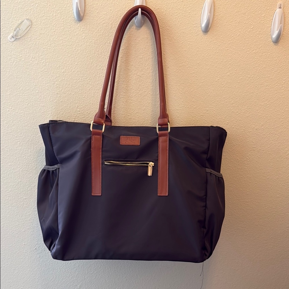 Stylish Navy Teacher Tote Bag with Brown Accents